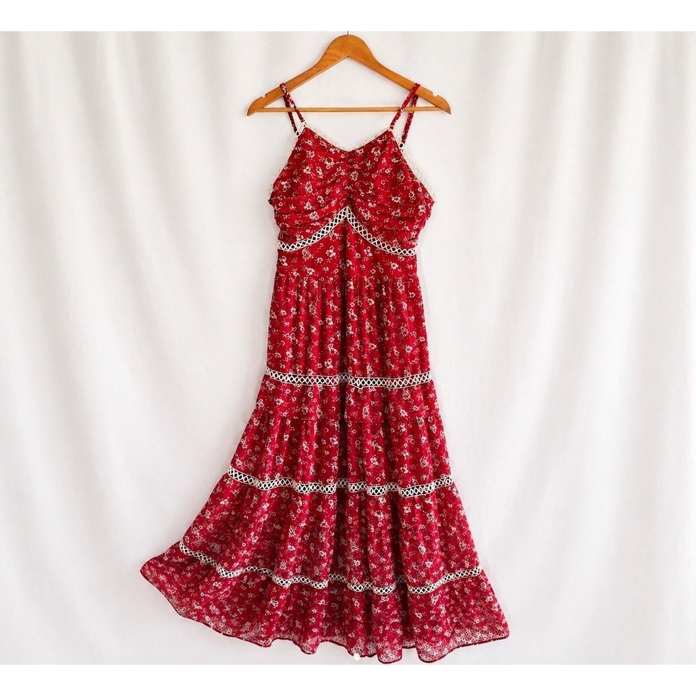 Floral Maxi Dress Womens Small Cottage Boho Flowy Tiered Euro Summer Smocked Red